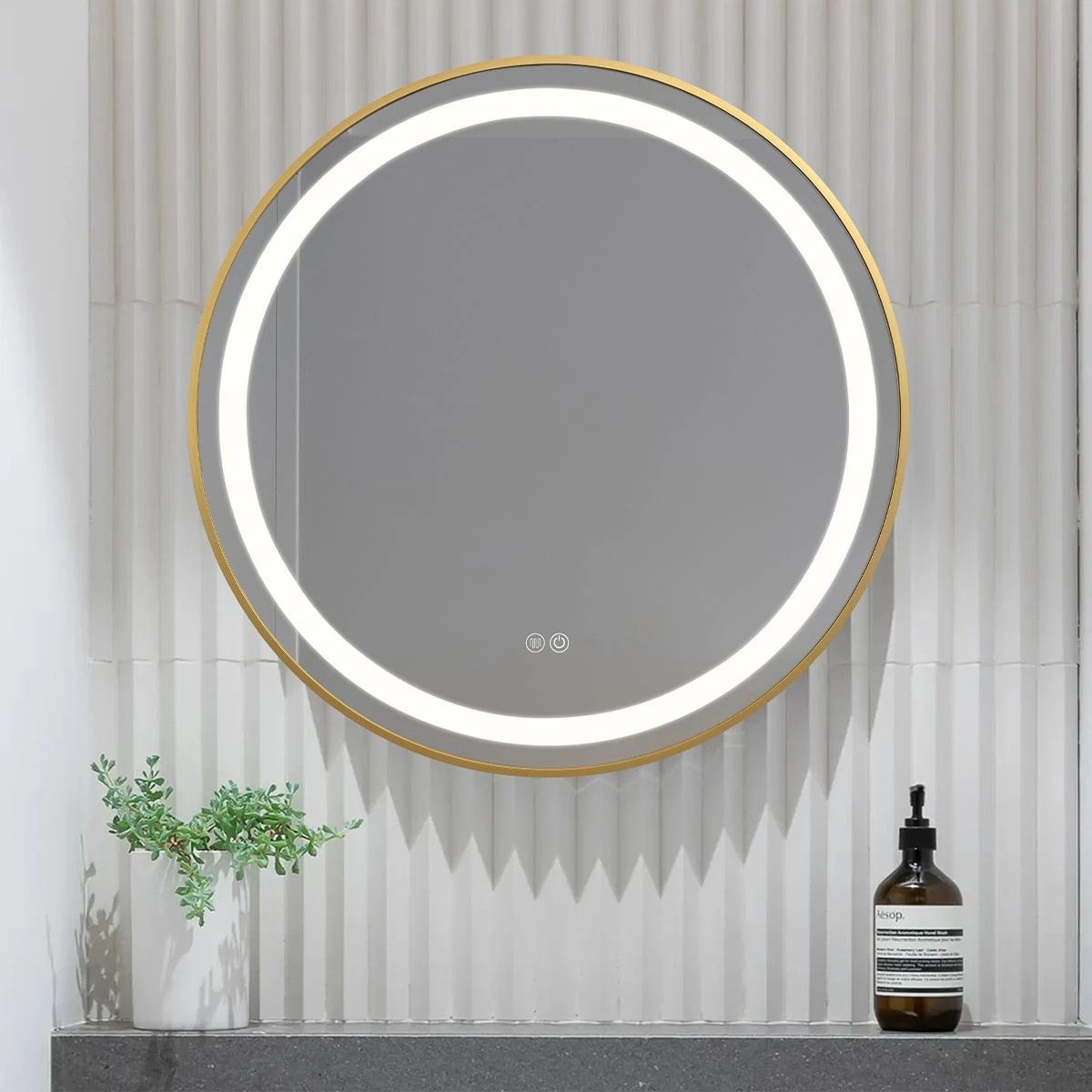 Oglinda Led, Resigilat, Dezaburire, Touch, Cadru auriu, sticla 5 mm, 3 Culori, Intensitate reglabila, dimensiuni 80 cm, Cezara