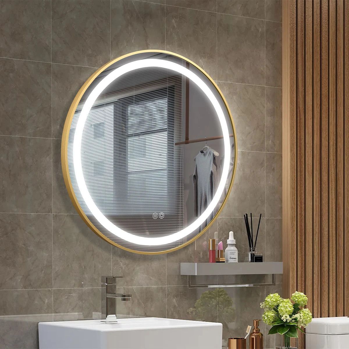 Oglinda Led, Resigilat, Dezaburire, Touch, Cadru auriu, sticla 5 mm, 3 Culori, Intensitate reglabila, dimensiuni 80 cm, Cezara