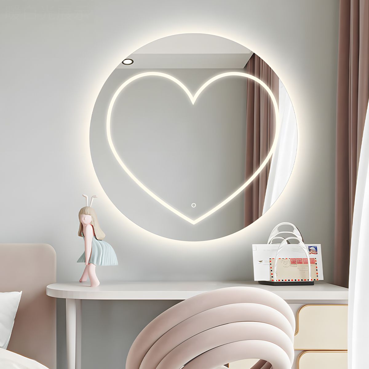 Oglinda smart Led, 5 mm, Dezaburire, buton touch, 3 Culori, diametru 80,90 cm Cuore