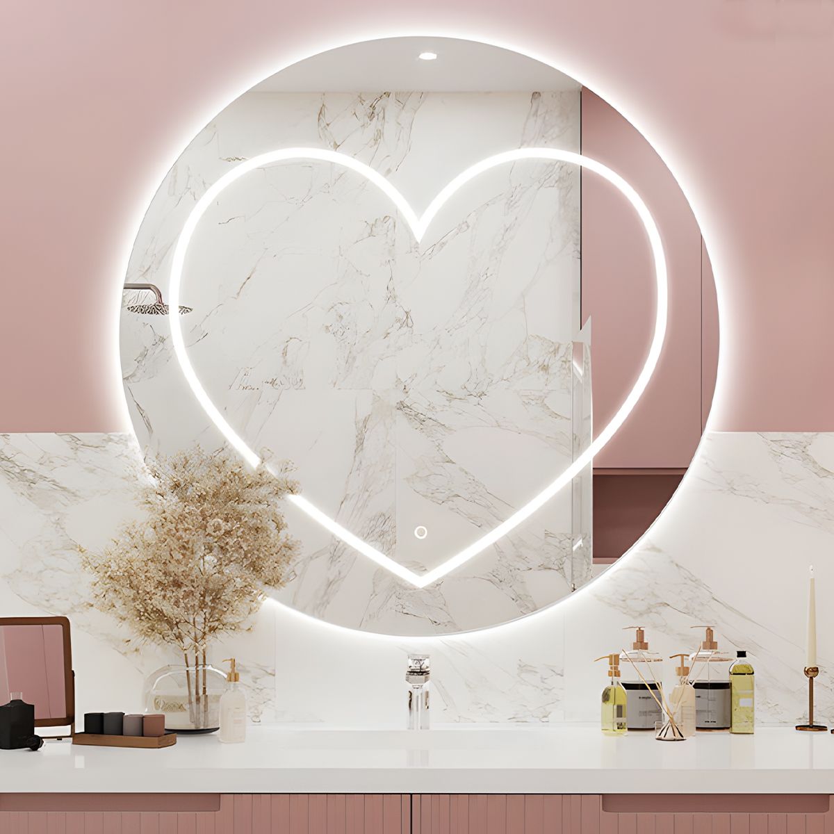 Oglinda smart Led, 5 mm, Dezaburire, buton touch, 3 Culori, diametru 80,90 cm Cuore