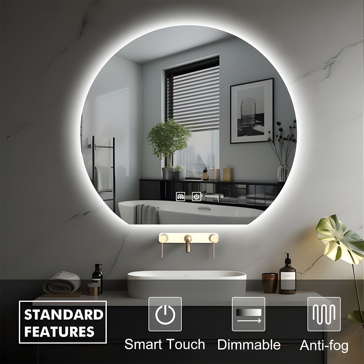 Oglinda smart Led, 5 mm, dezaburire, buton touch, 3 Culori, dimensiuni: 80,90,100 cm, Orbis