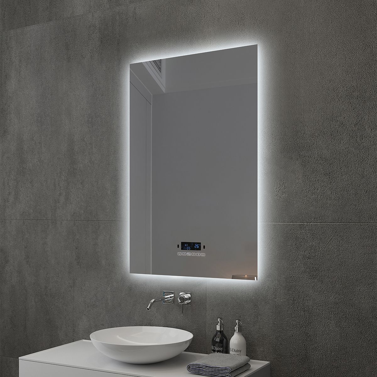 Oglinda Smart Led, Bluetooth, 3 Culori, 5 mm, senzor, afisaj timp, temperatura, dezaburire, Touch, 60-70x80-140 cm, Rubin