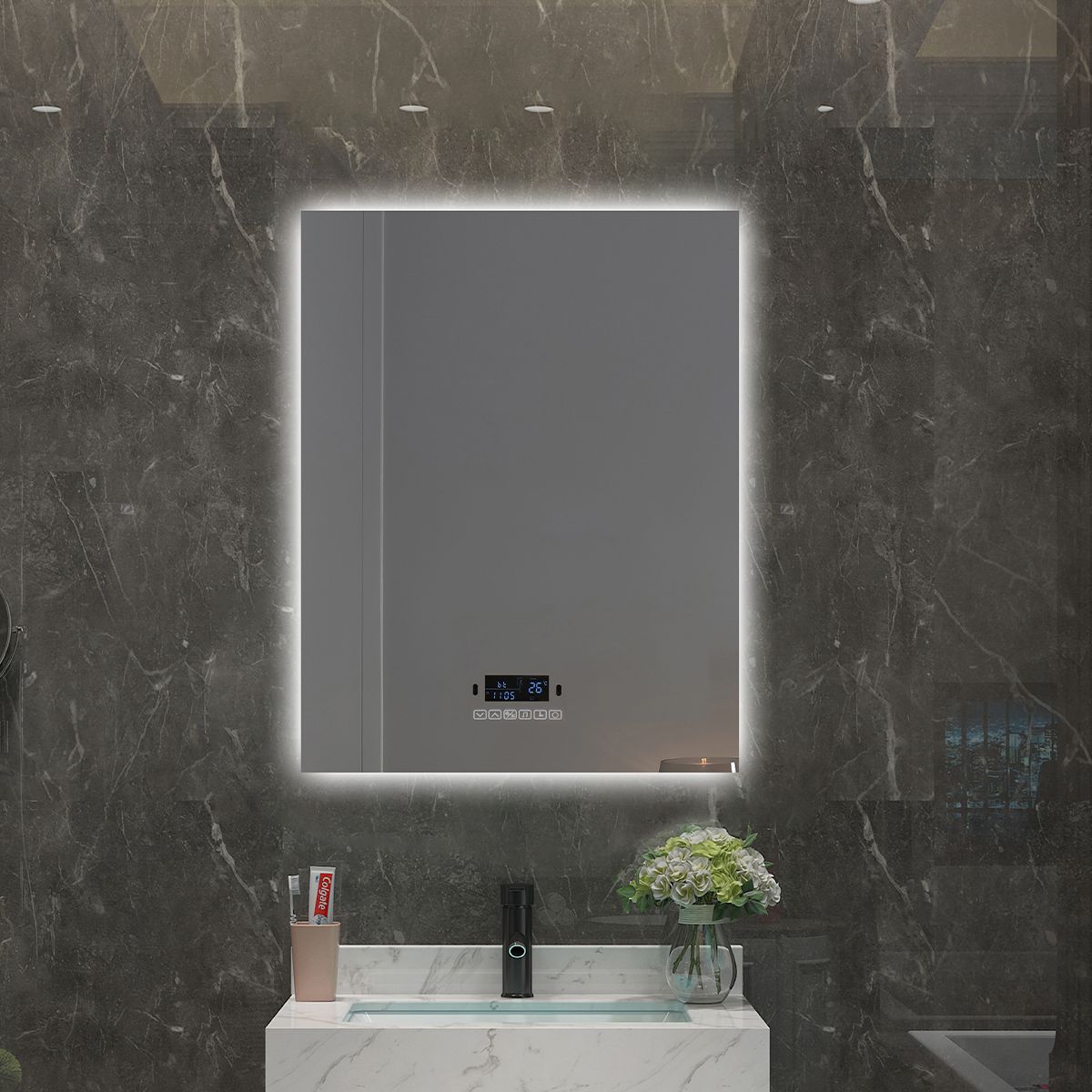 Oglinda Smart Led, Bluetooth, 3 Culori, 5 mm, senzor, afisaj timp, temperatura, dezaburire, Touch, 60-70x80-140 cm, Rubin