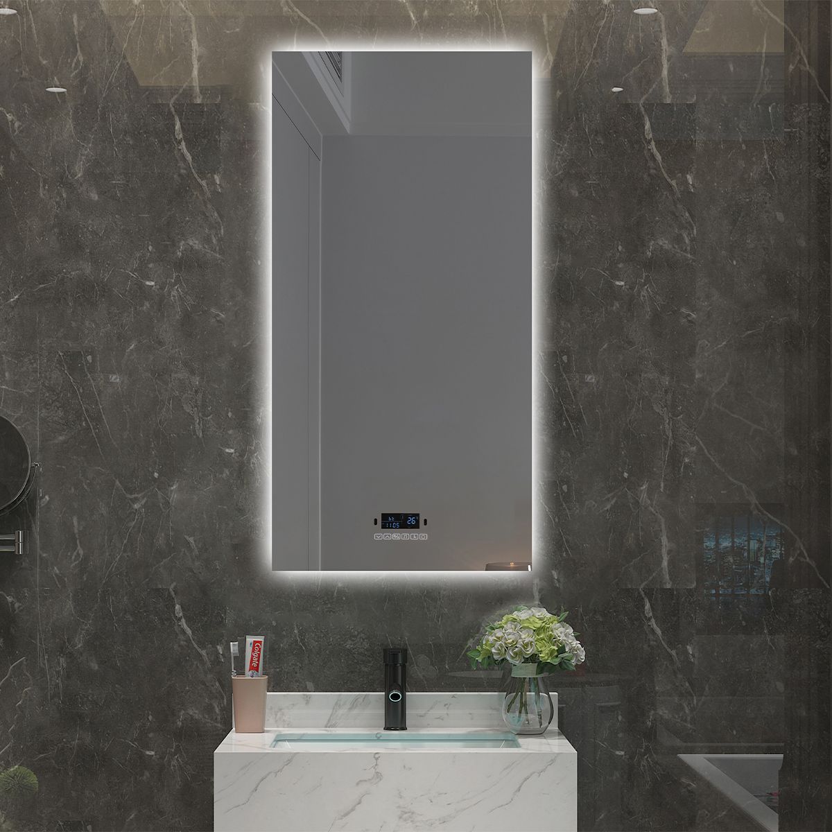 Oglinda Smart Led, Bluetooth, 3 Culori, 5 mm, senzor, afisaj timp, temperatura, dezaburire, Touch, 60-70x80-140 cm, Rubin