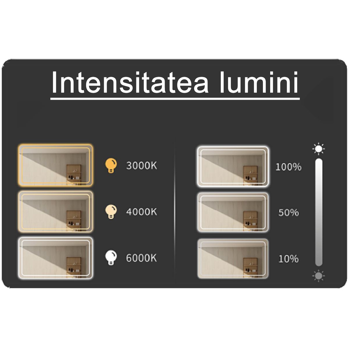 Oglinda smart Led, sticla 5 mm, dezaburire, buton touch, 3 culori, dimensiune 90x90 cm, Nivo
