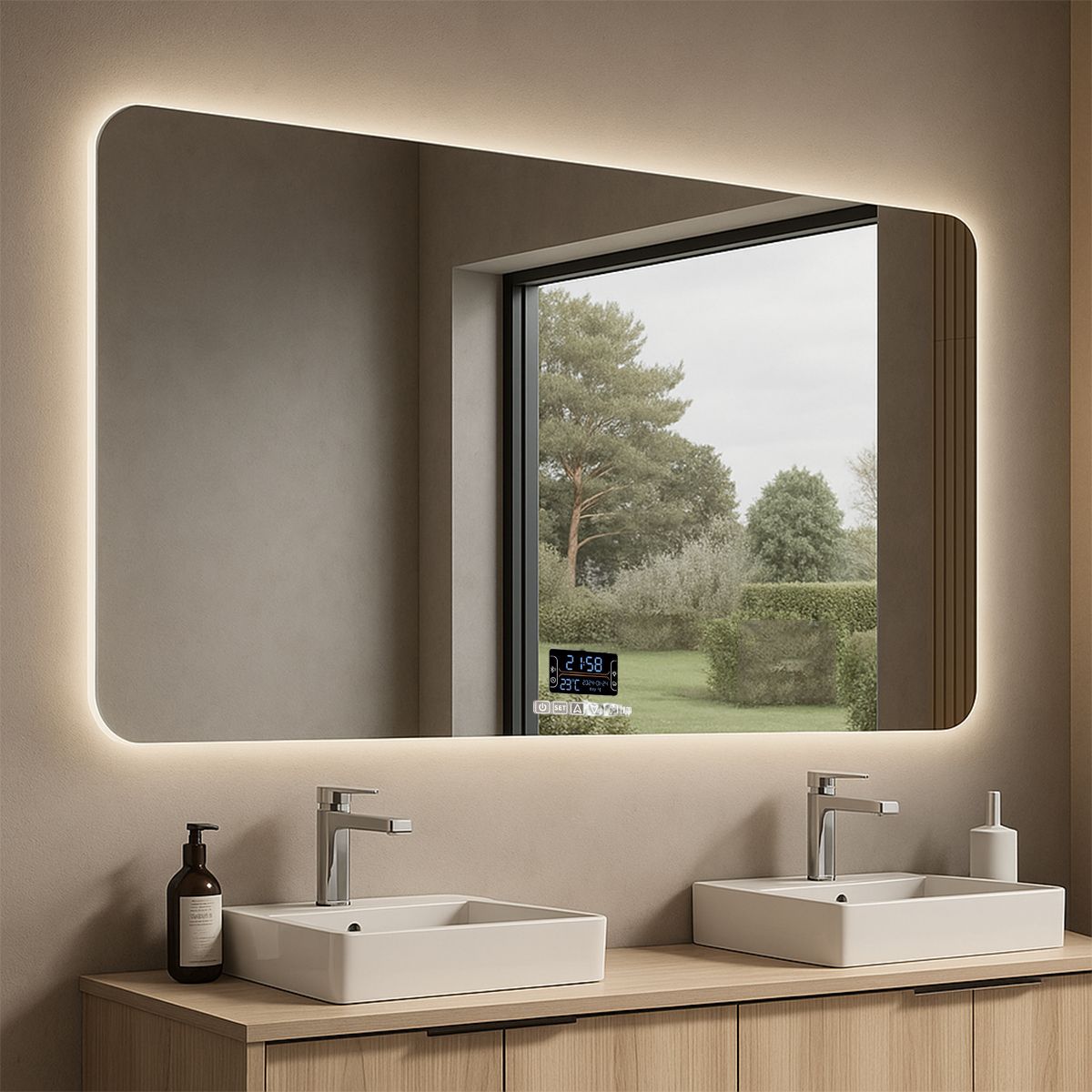 Oglinda Smart Led, sticla 5 mm, Dezaburire,Touch, afisaj Temperatura, 3 culori, Bluetooth, Difuzoare 70-90x90-150 cm, Mira