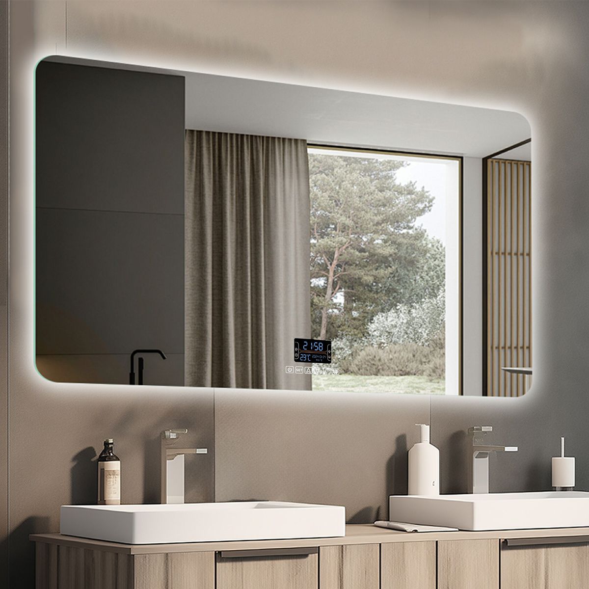 Oglinda Smart Led, sticla 5 mm, Dezaburire,Touch, afisaj Temperatura, 3 culori, Bluetooth, Difuzoare 70-90x90-150 cm, Mira