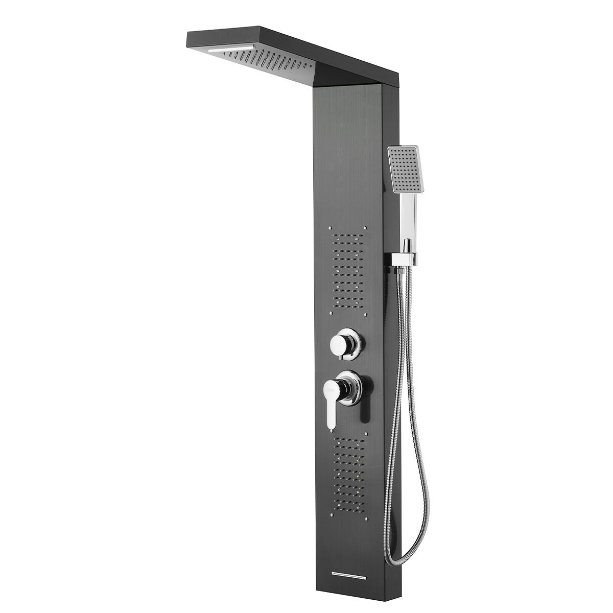 Panel dus, iluminare Led, 5 functii, Cascada, Ploaie tropicala, dus de mana, otel inoxidabil, Negru, Aurora