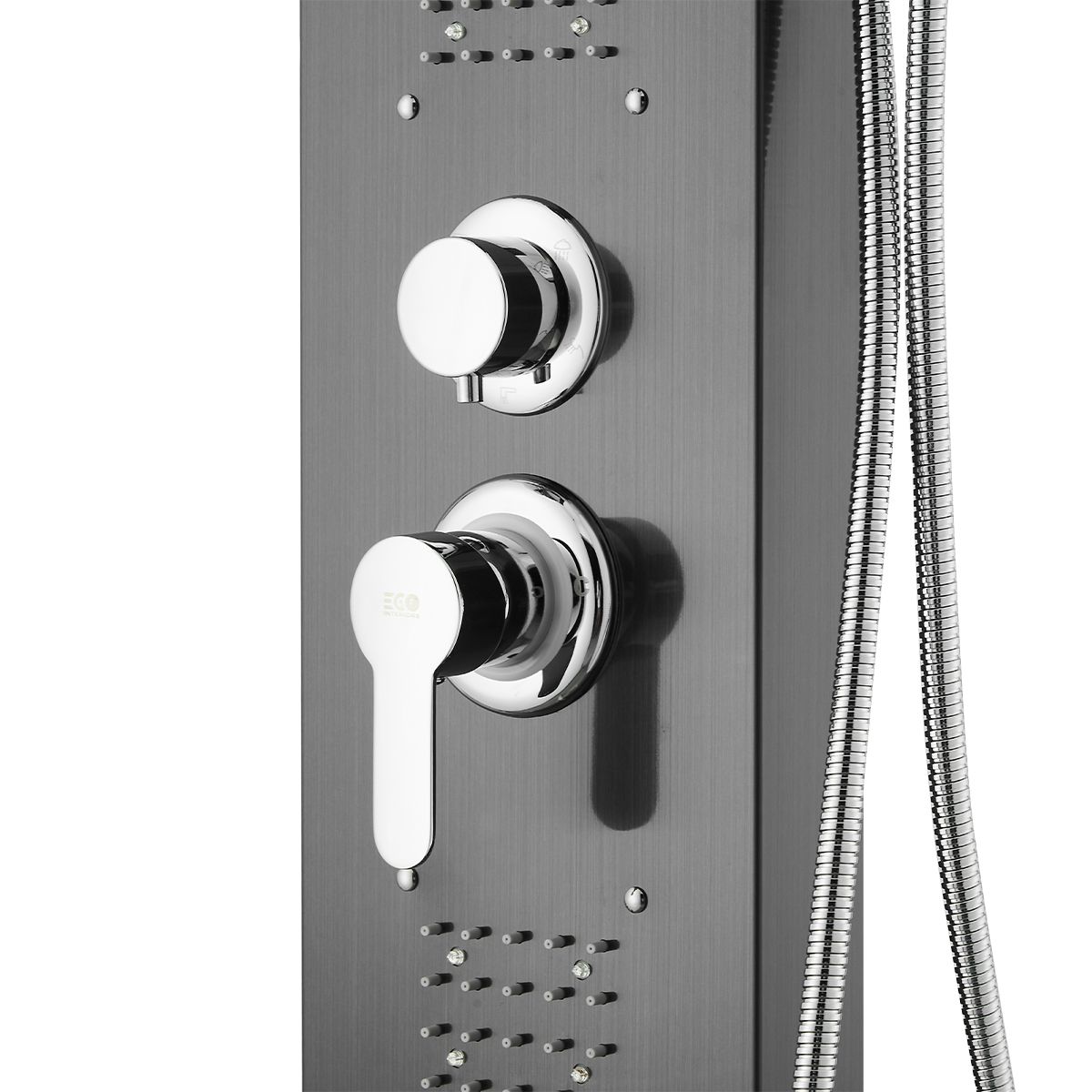 Panel dus, iluminare Led, 5 functii, Cascada, Ploaie tropicala, dus de mana, otel inoxidabil, Negru, Aurora