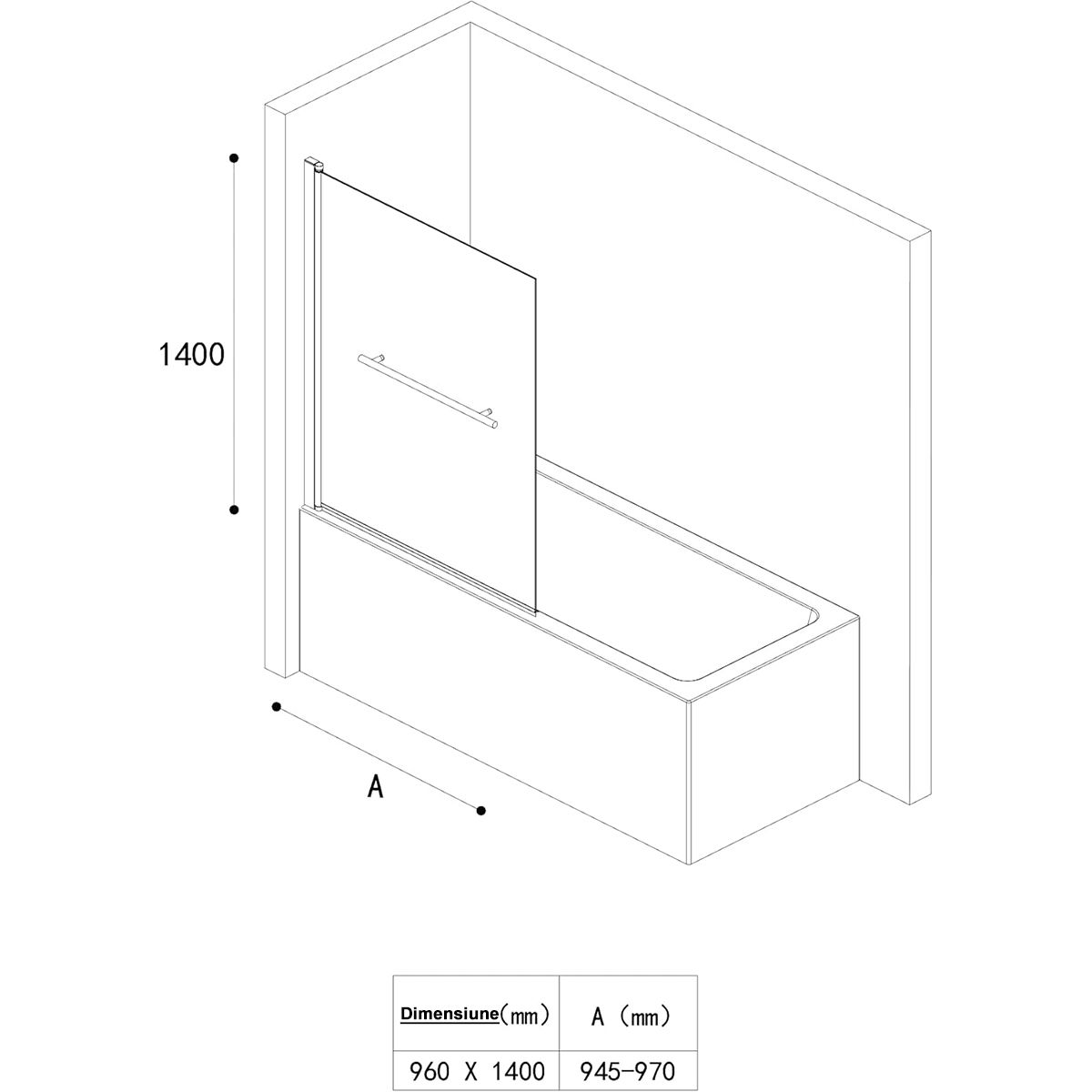 Paravan cada EGO-1121, sticla securizata 6 mm, Transparent sau Sablata partial, 94x140 cm, pivotant 180°, Nano Easy Clean