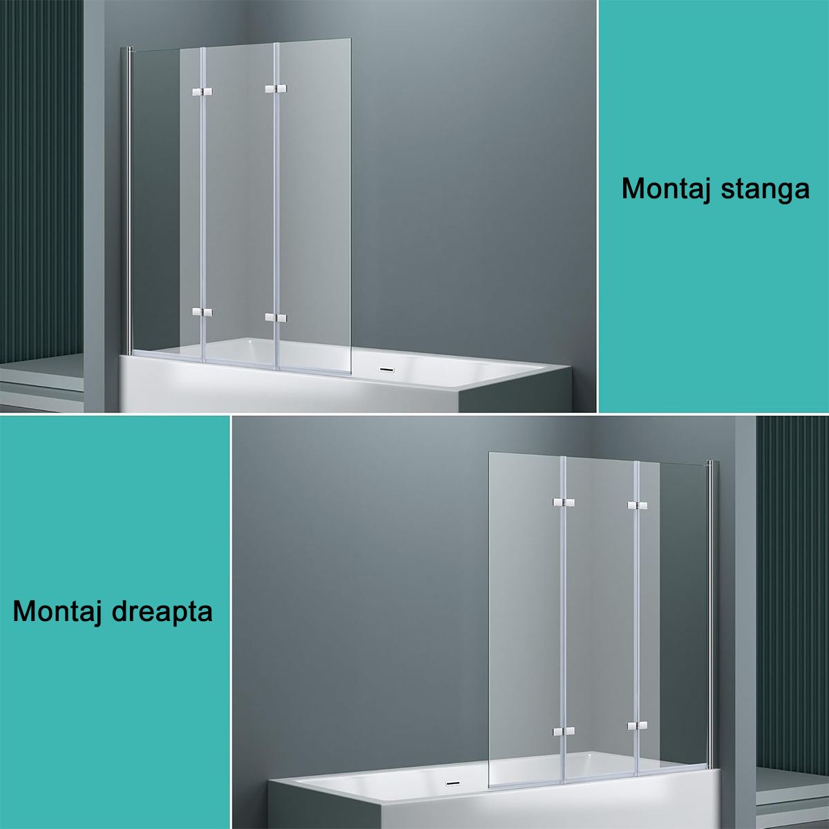Paravan pliabil 116,130x140 cm, sticla 6 mm, pivotant 180°, montaj pe stanga, tratament Nano Easy Clean