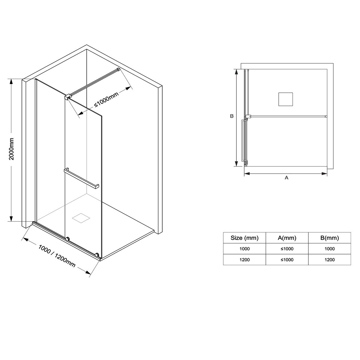 Perete dus Walk-In, sticla securizata de 6 mm, 2 elemente, glisant, dimensiuni 100-120x200 cm,  Negru Mat, Benito