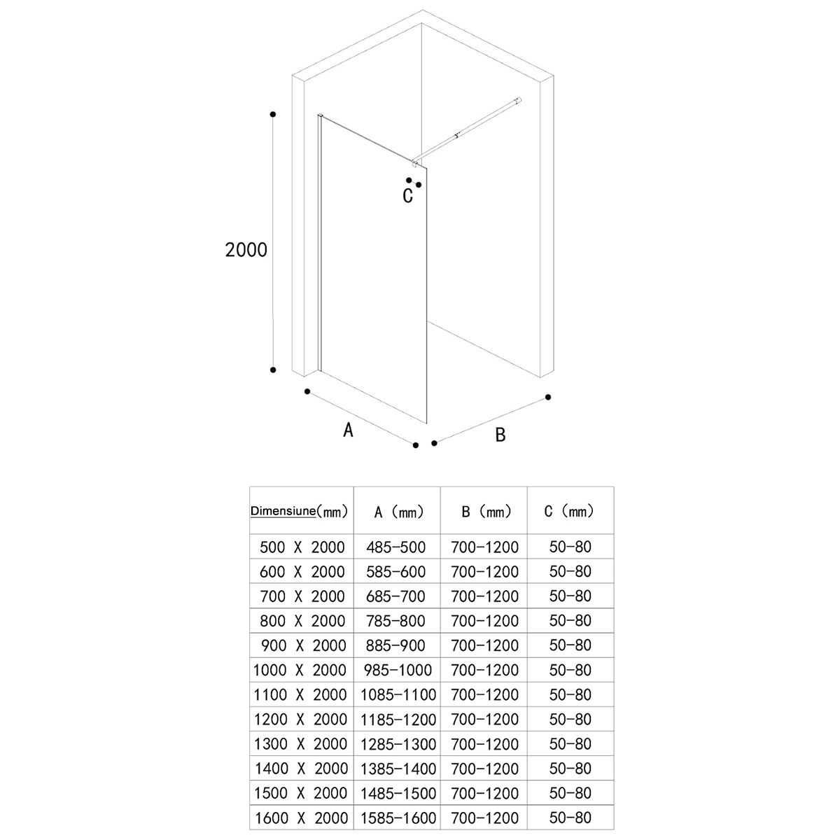 Perete dus Walk-In, sticla securizata finisaj Grafit 10 mm, dimensiuni 100, 120, 140 cm, Lotus Efect, Sicilia