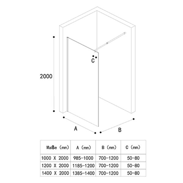 Perete dus Walk-In,  sticla securizata, sablata partial 10 mm, dimensiuni 100, 120, 140 cm, Lotus Efect, Sicilia