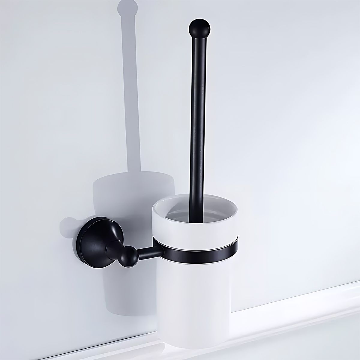 Perie toaleta cu suport inclus, montaj pe perete, Negru Lucios, Alama, Ceramica, Velvet
