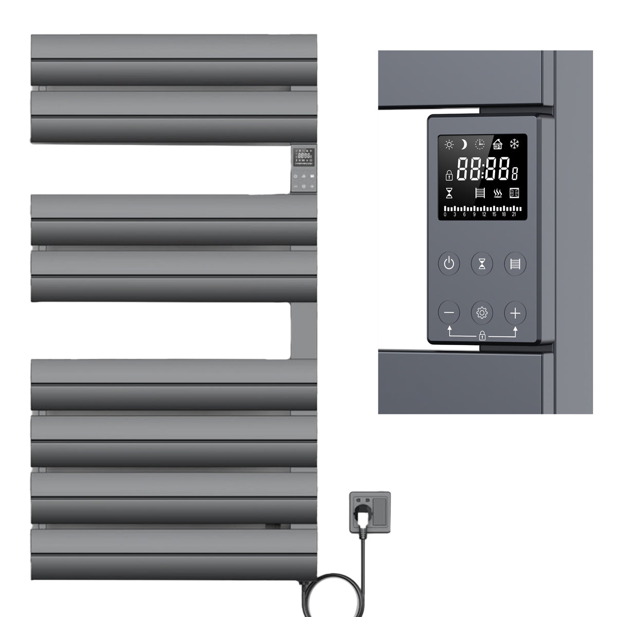 Calorifer portprosop electric, 500W, 230V, Antracit, 3 trepte, termostat digital, 6 programe, 8 elementi, 105x55 cm, Reina