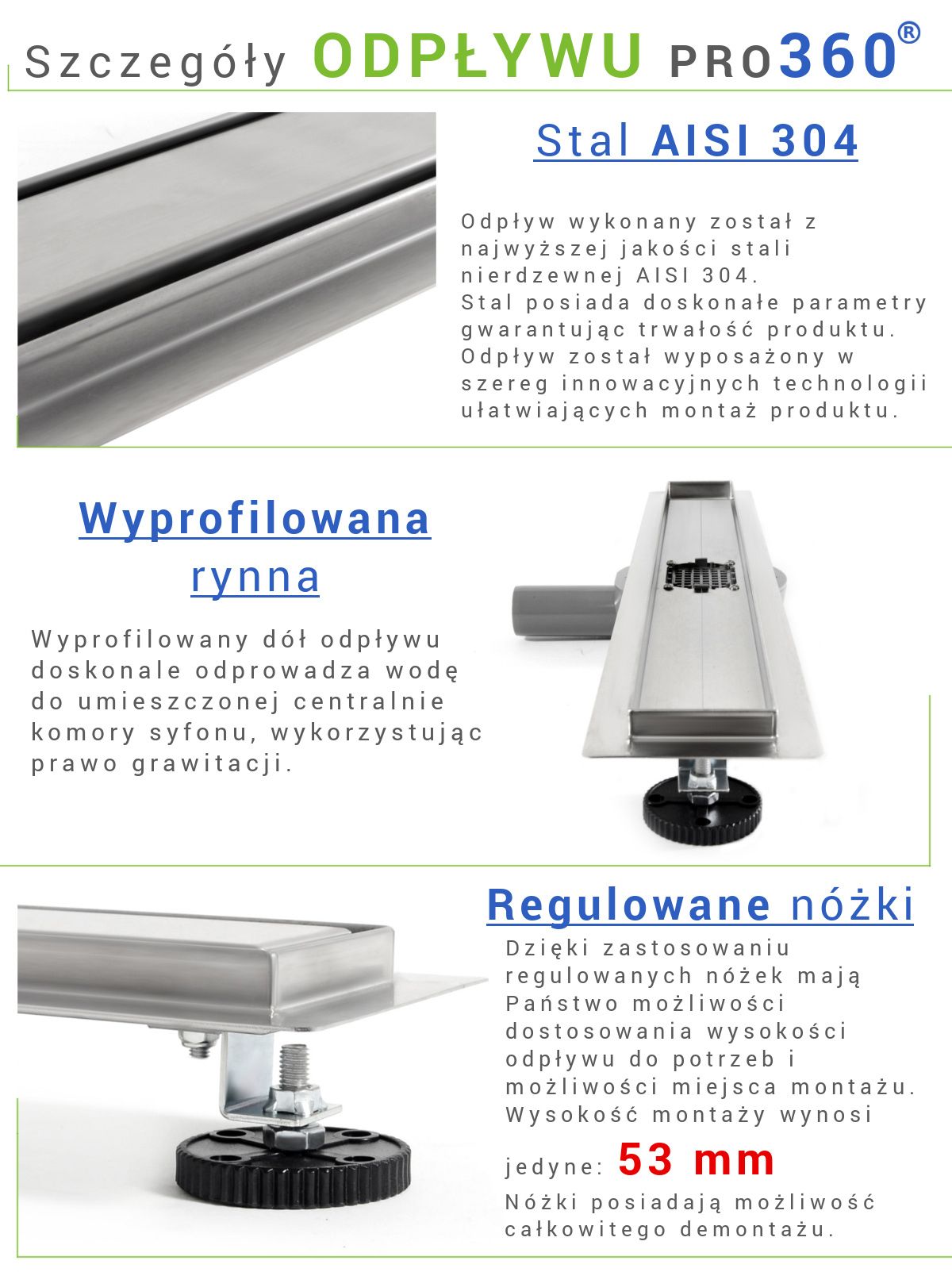 Rigola scurgere dus, EGO-PRO, dimensiuni intre 50-100 cm, 2 fete, inox inoxidabil