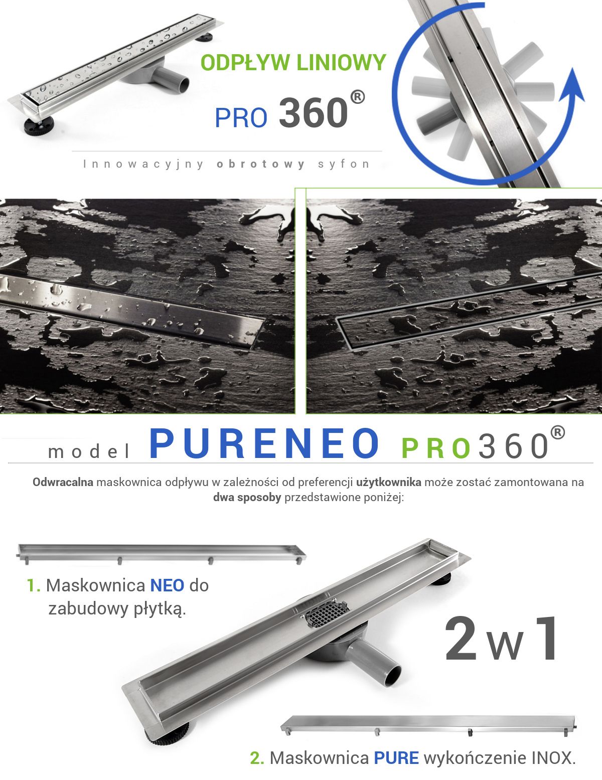 Rigola scurgere dus, EGO-PRO, dimensiuni intre 50-100 cm, 2 fete, inox inoxidabil