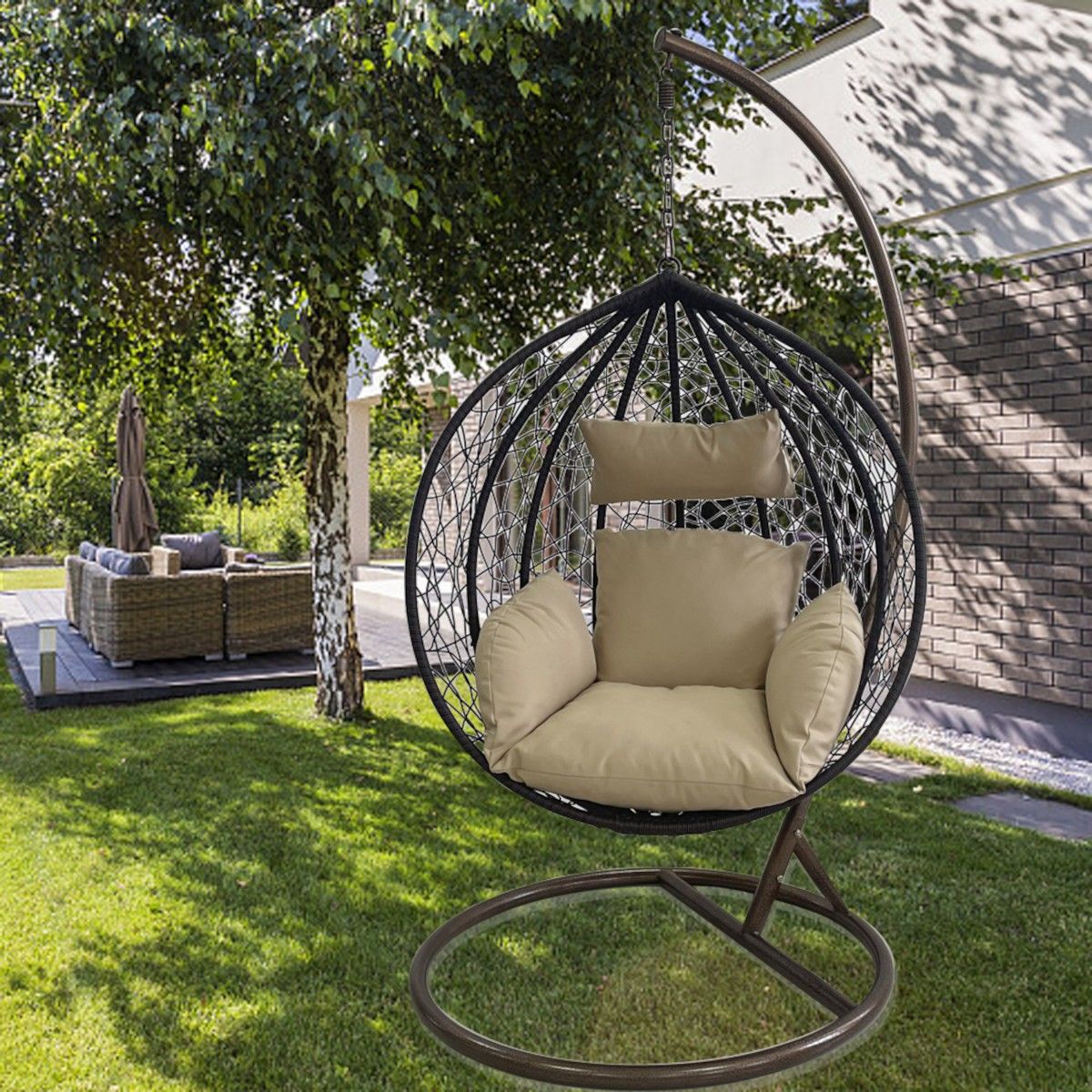 Scaun agatat California Brown, Fotoliu suspendat, Curte sau Living, comfortabil, ratan 3D