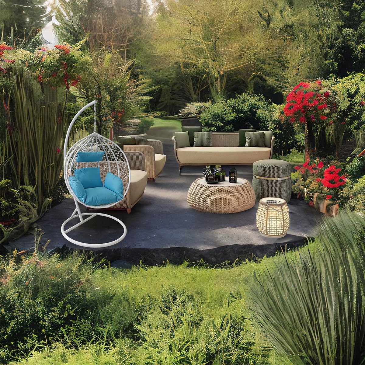 Scaun agatat California White, Fotoliu suspendat de relaxare, Curte sau Living, confortabil si modern