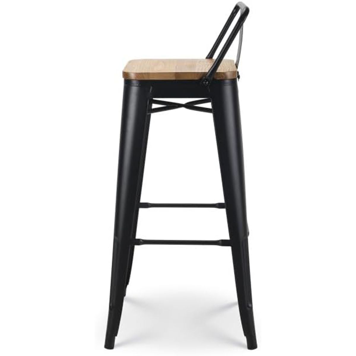 Scaun de bar, cadru ranforsat, fier, sezut din lemn de ulm, design industrial, 43x43x76 cm, Timo