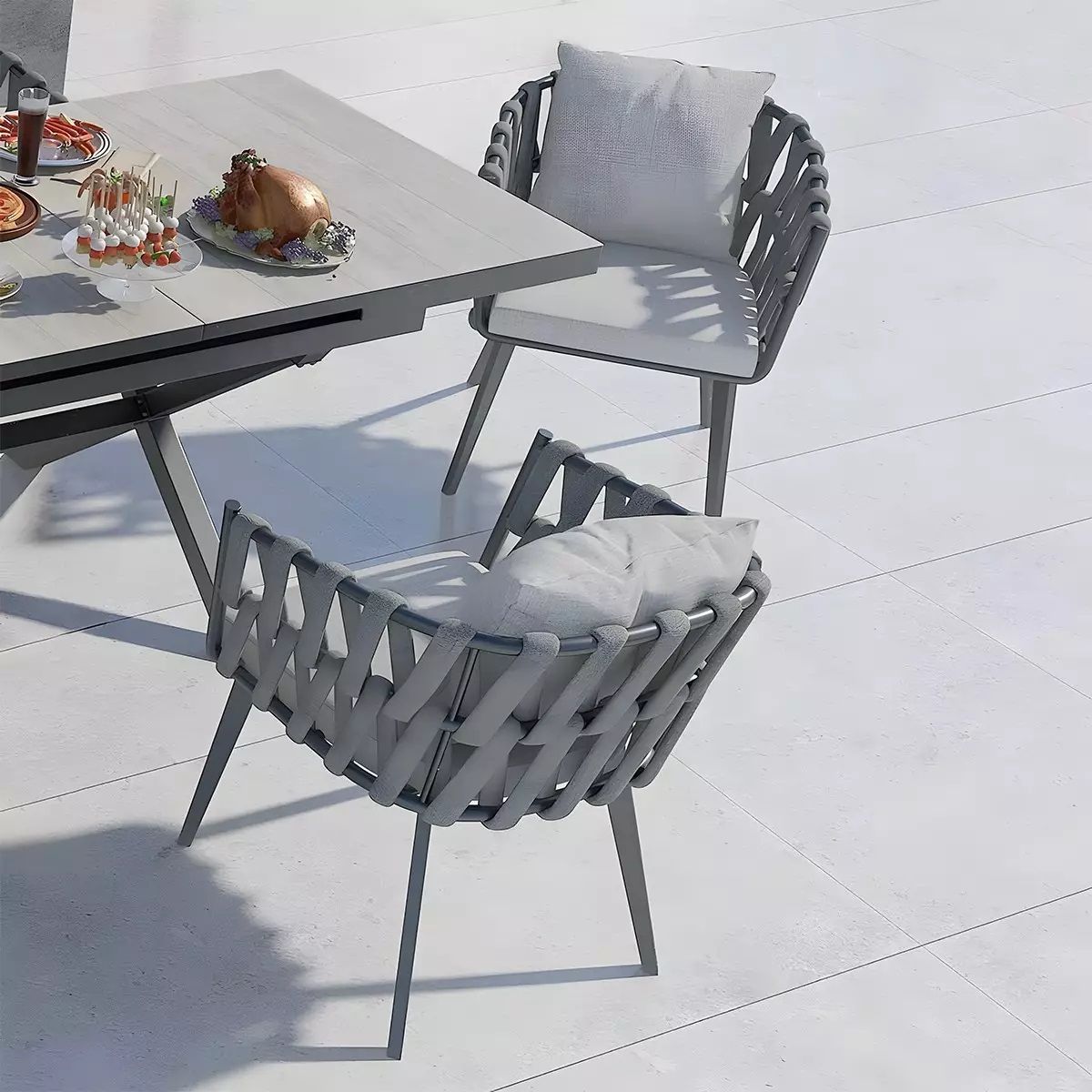 Scaun Riga, pentru mobilier de terasa, aluminiu, perna de 5 cm, impletitura tip funie, 58x64.5x75 cm