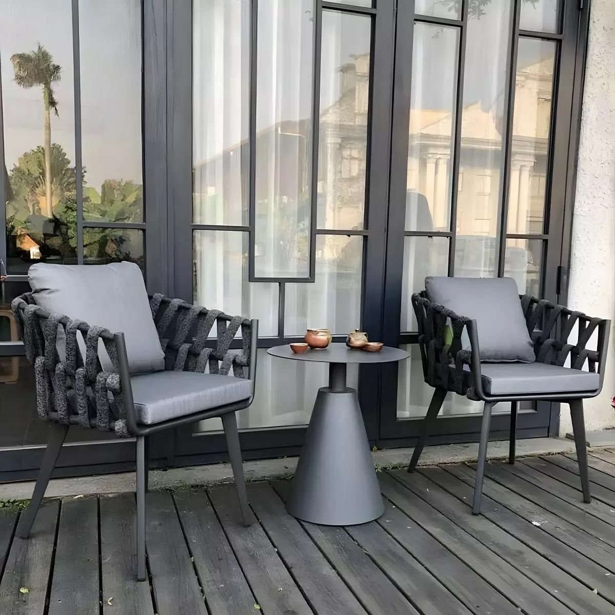 Scaun Riga, pentru mobilier de terasa, aluminiu, perna de 5 cm, impletitura tip funie, 58x64.5x75 cm
