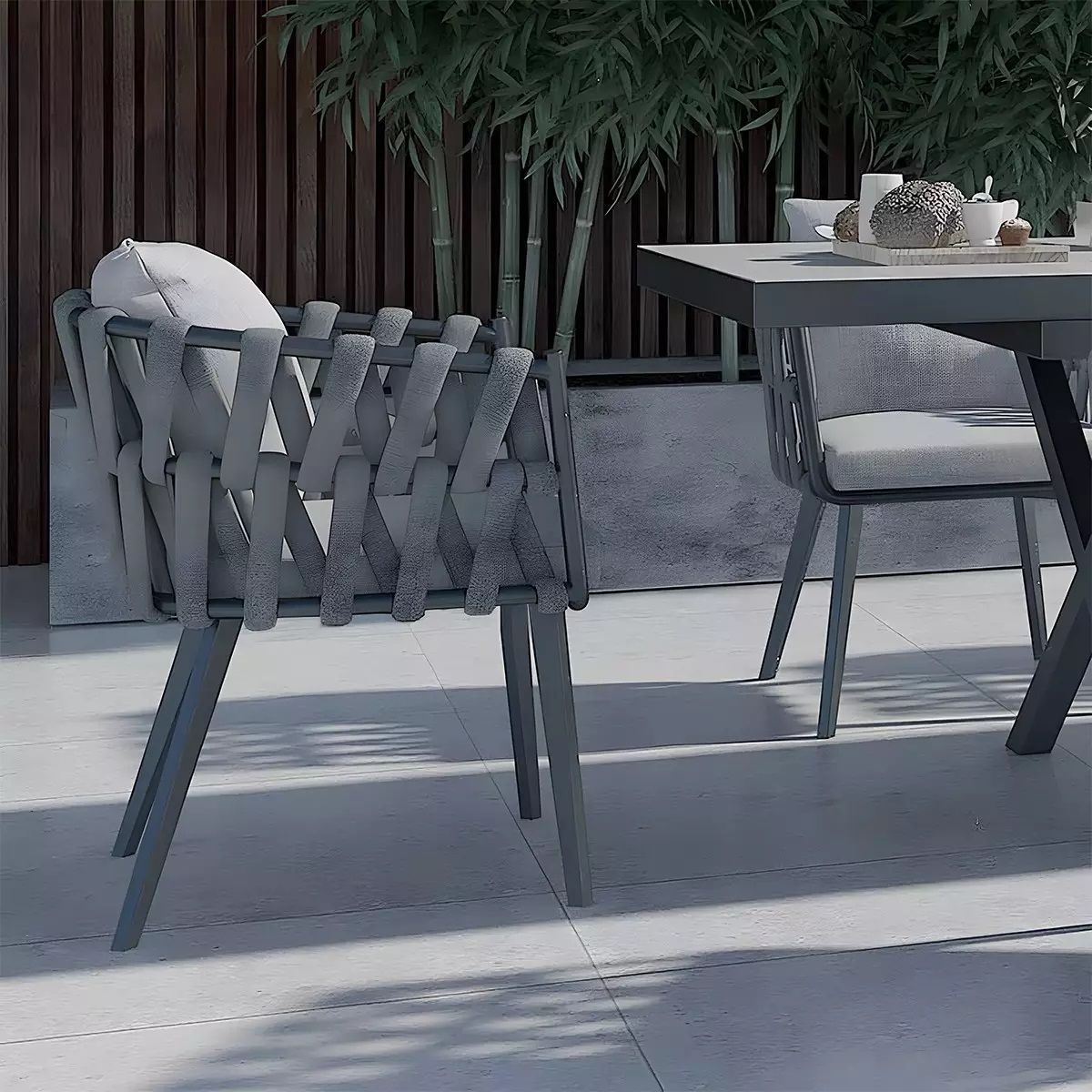 Scaun Riga, pentru mobilier de terasa, aluminiu, perna de 5 cm, impletitura tip funie, 58x64.5x75 cm