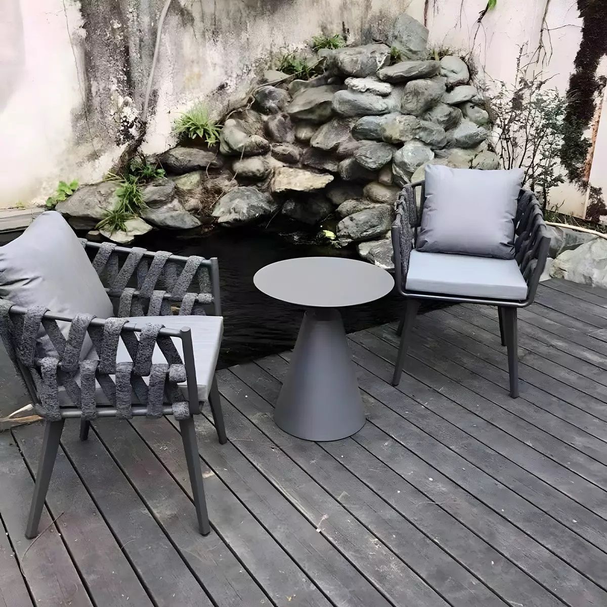 Scaun Riga, pentru mobilier de terasa, aluminiu, perna de 5 cm, impletitura tip funie, 58x64.5x75 cm