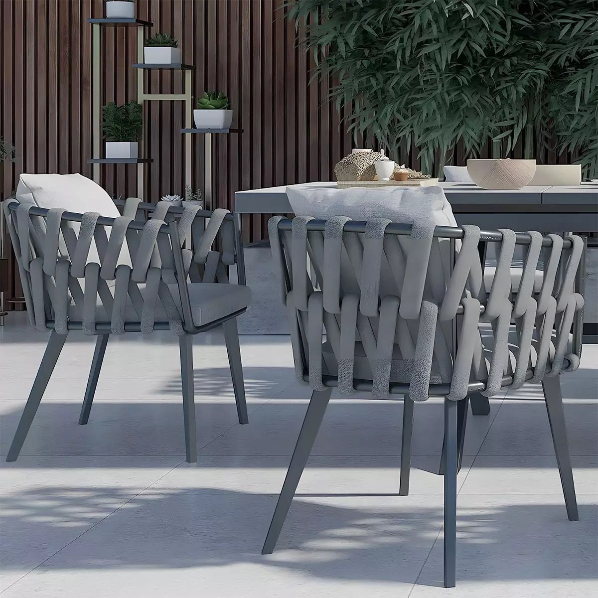Scaun Riga, pentru mobilier de terasa, aluminiu, perna de 5 cm, impletitura tip funie, 58x64.5x75 cm