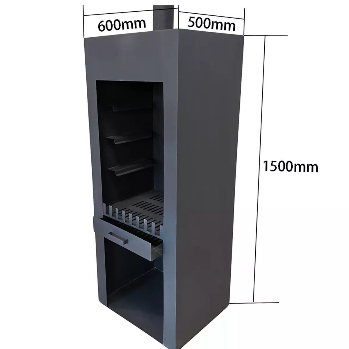 Semineu cu gratar, Negru, Soba de gradina, 60x50x150 cm, otel corten de 1.5 mm, spatiu pentru lemne, Atlas