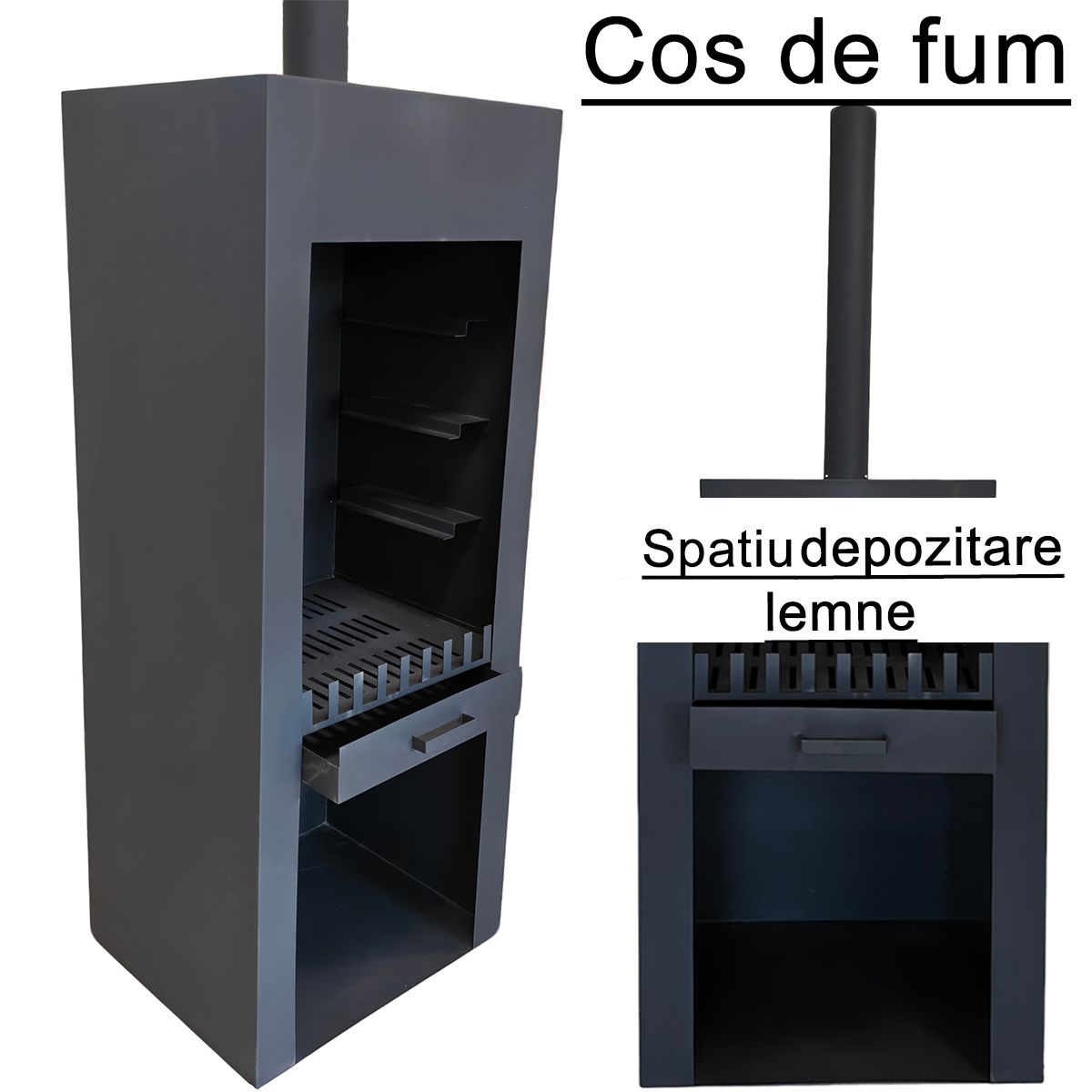 Semineu cu gratar, Negru, Soba de gradina, 60x50x150 cm, otel corten de 1.5 mm, spatiu pentru lemne, Atlas