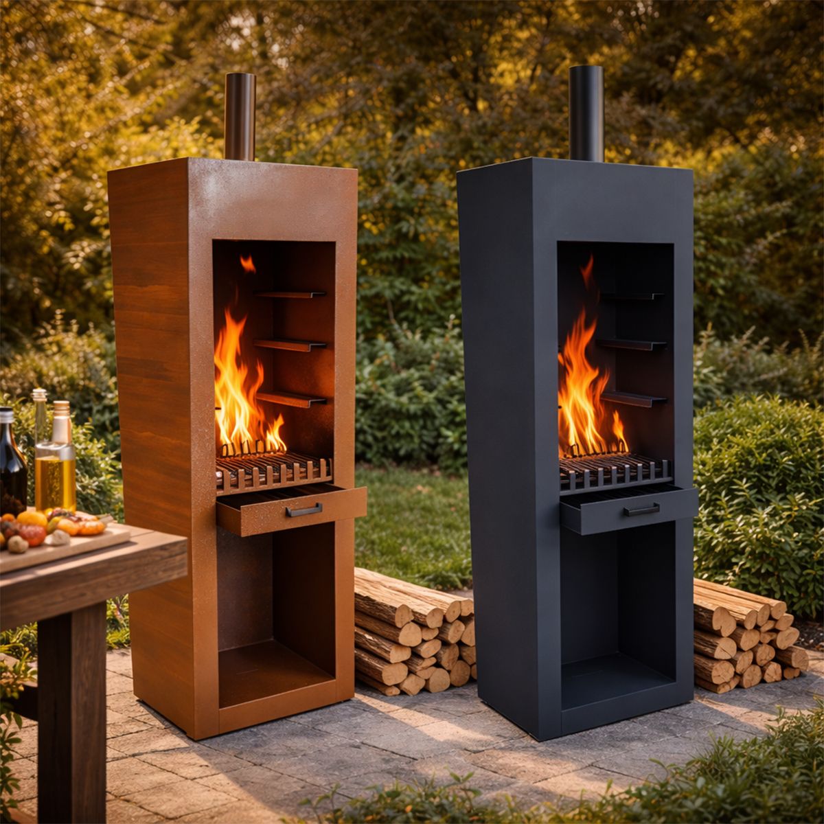 Semineu cu gratar, Soba de gradina, Ruginiu, corten de 1.5 mm, spatiu pentru lemne, 60x50x150 cm, Atlas