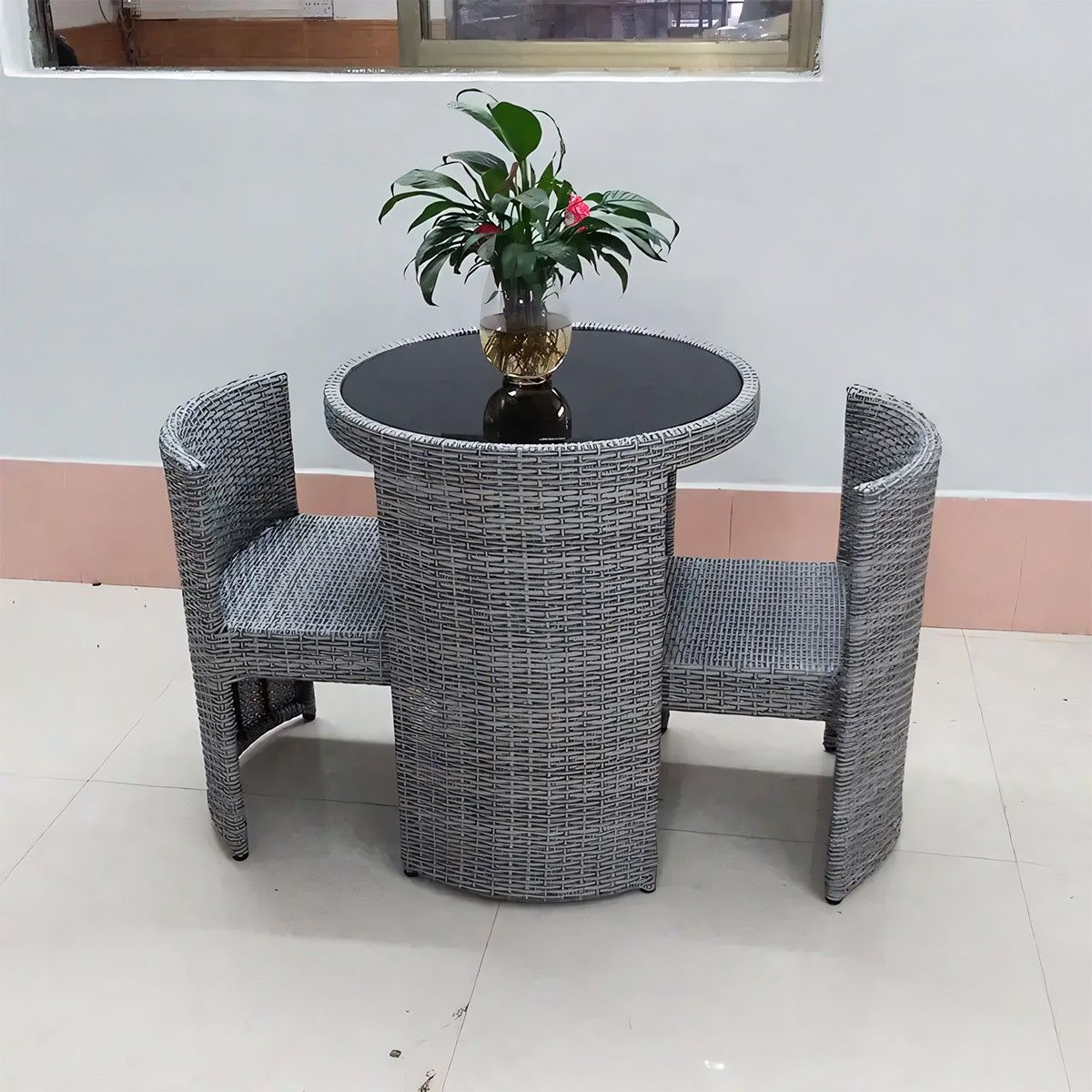 Set masa cu 2 scaune pliabil stivuibil, gradina, terasa, poliratan, blat de sticla, diametru 65 cm, Palermo