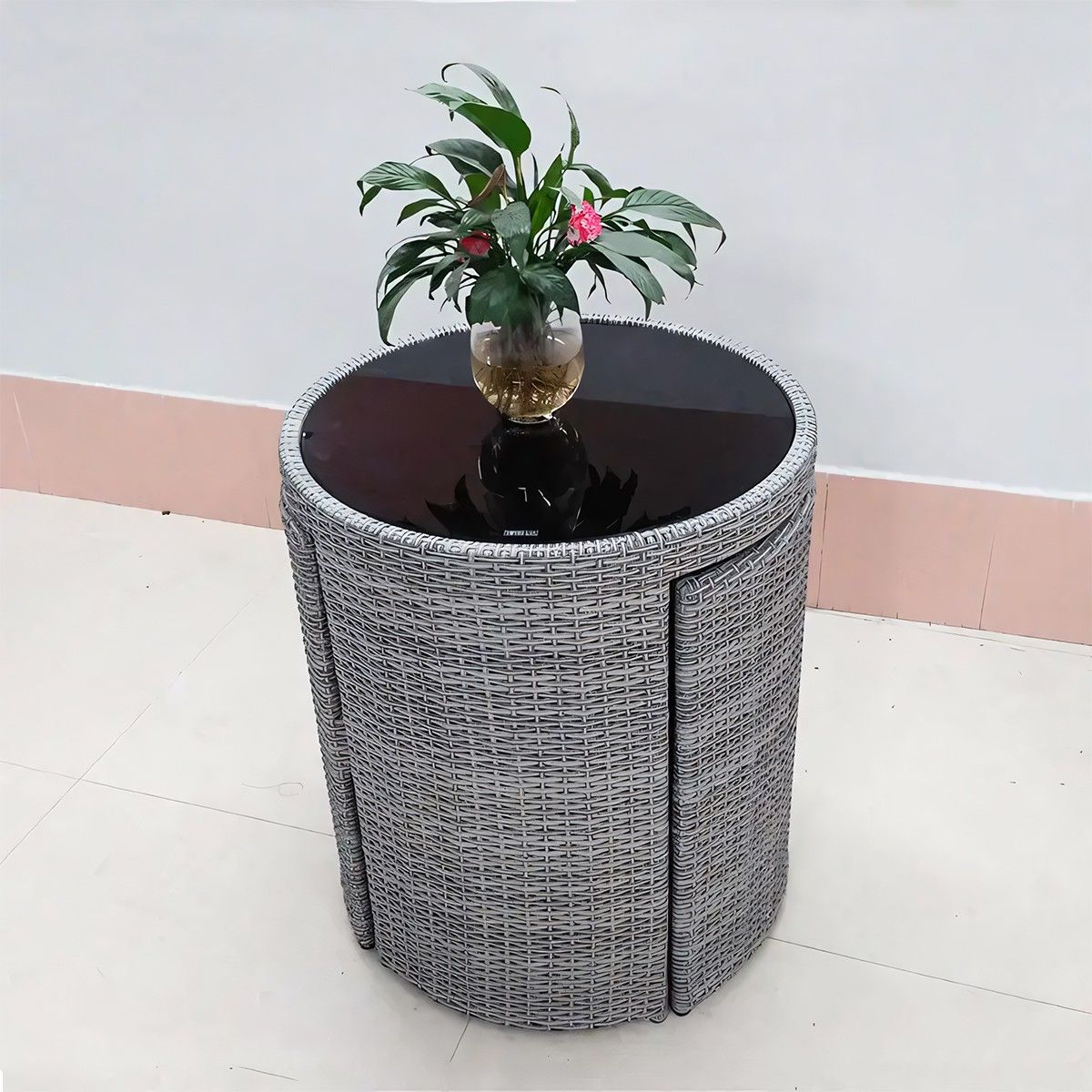 Set masa cu 2 scaune, gradina, terasa, pliabil stivuibil, poliratan, blat de sticla, diametru 65 cm, Palermo