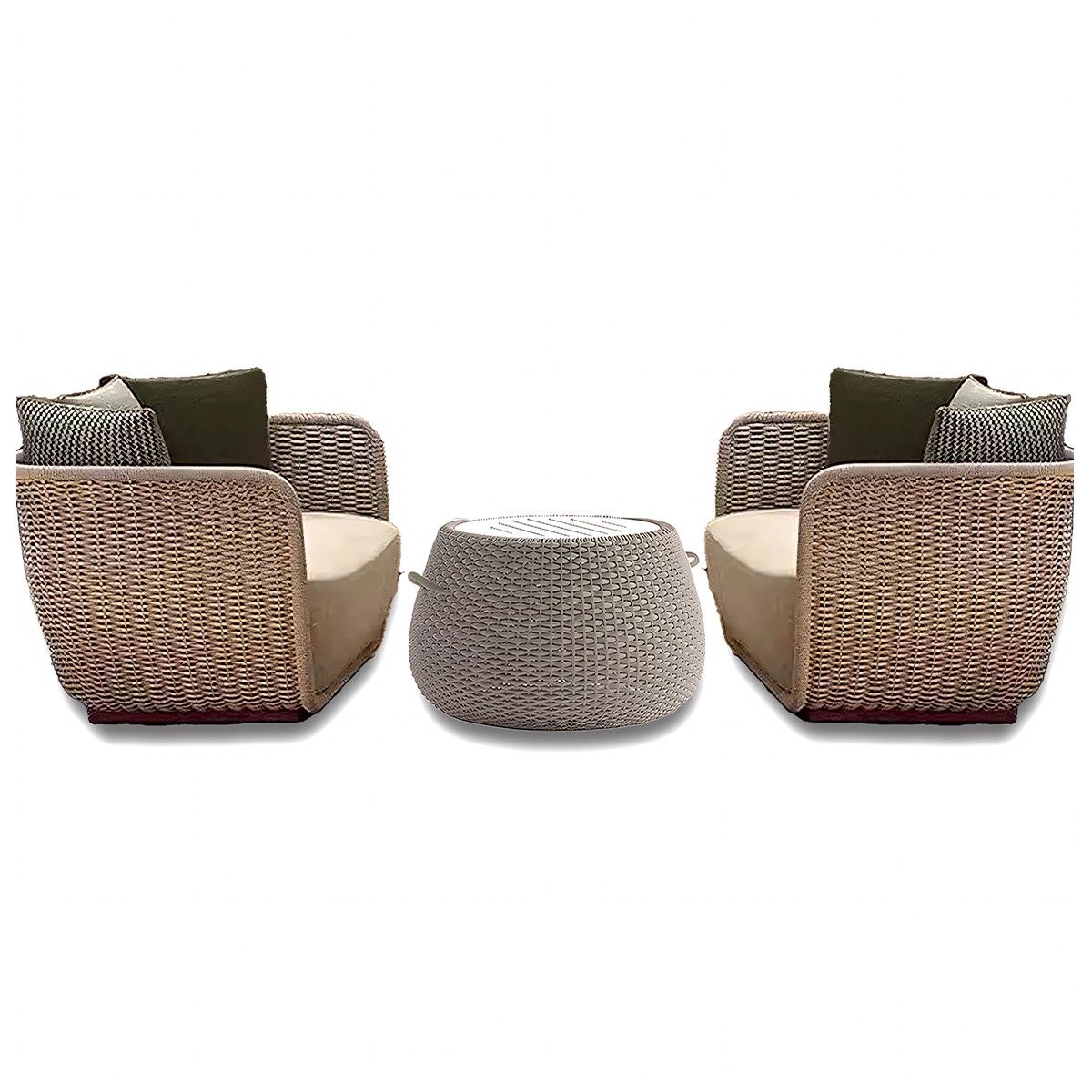 Set mobilier terasa gradina, 2 fotolii, canapea 3 locuri, masuta cafea, aluminiu, impletitura funie, perne verzi masliniu, NIKO