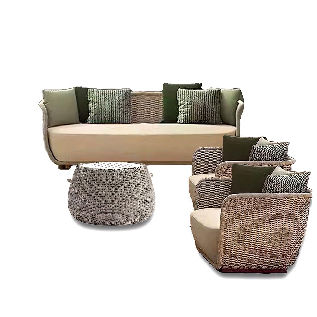 Set mobilier terasa gradina, 2 fotolii, canapea 3 locuri, masuta cafea, aluminiu, impletitura funie, perne verzi masliniu, NIKO
