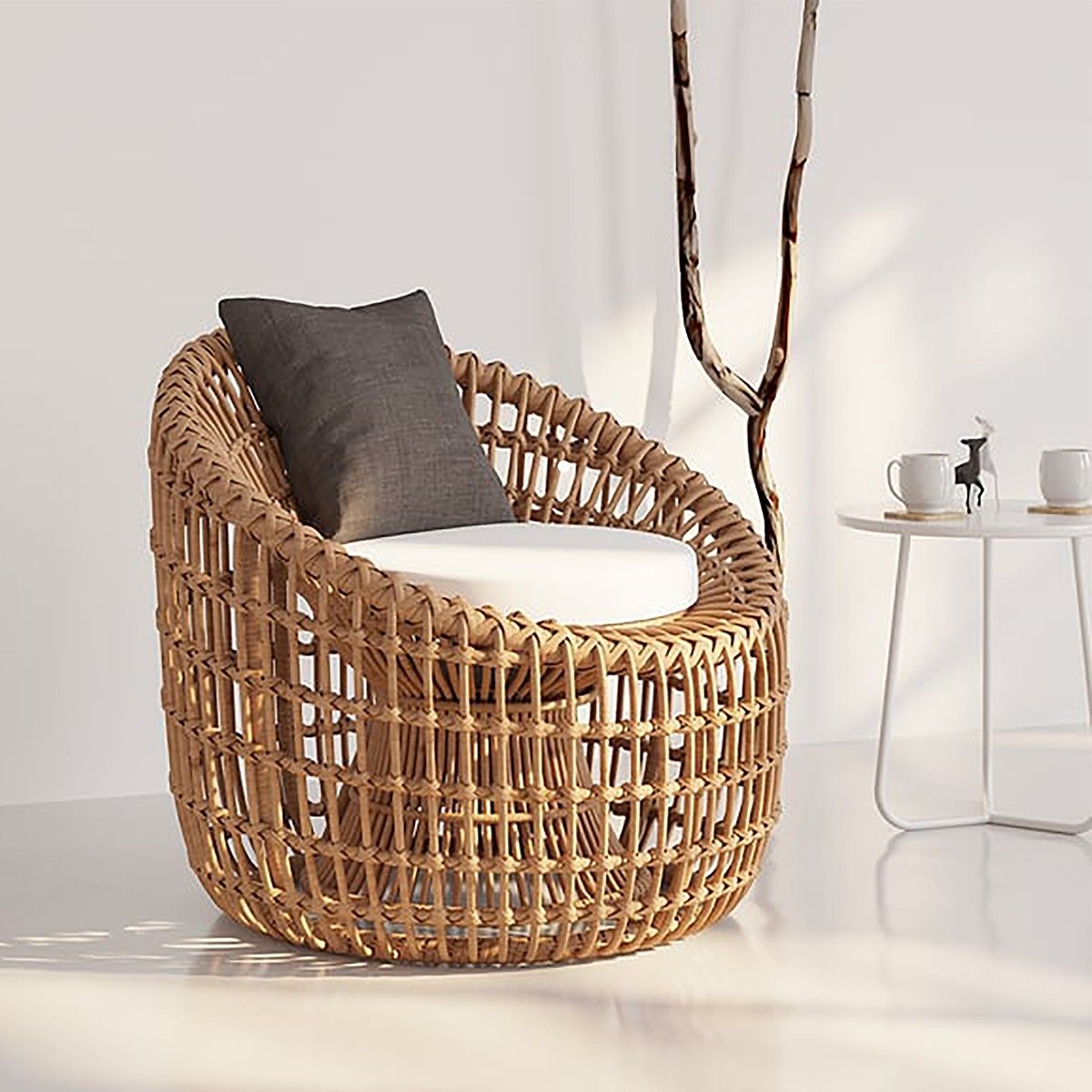 Set mobilier,terasa sau gradina, 2 fotolii, masuta de cafea, cadru aluminiu, poliratan, perne maro si albe, Ema