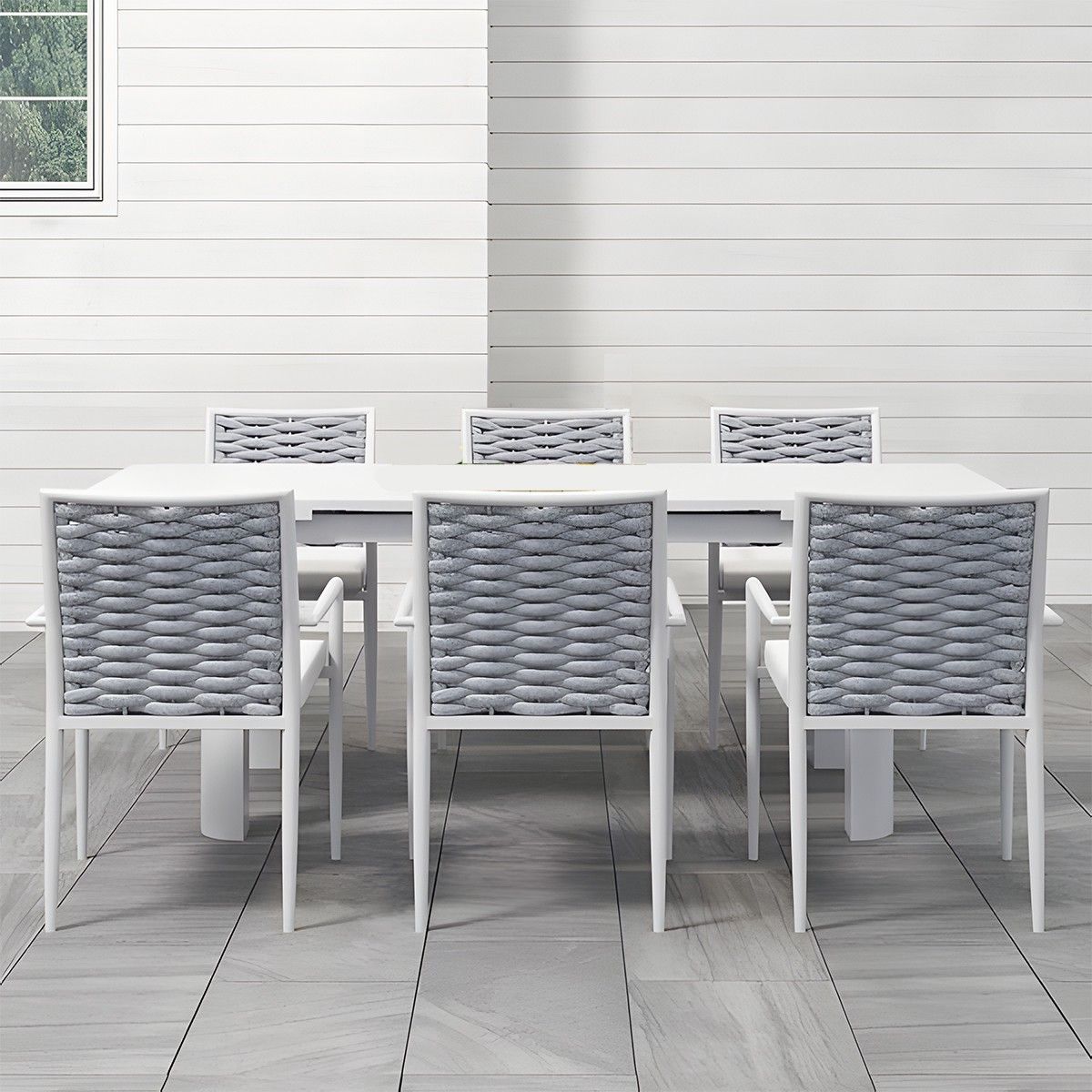Set mobilier terasa sau gradina, masa din aluminiu si lemn, 6 scaune, impletitura tip funie, Torino