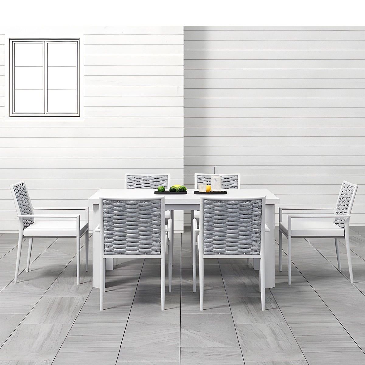 Set mobilier terasa sau gradina, masa din aluminiu si lemn, 6 scaune, impletitura tip funie, Torino