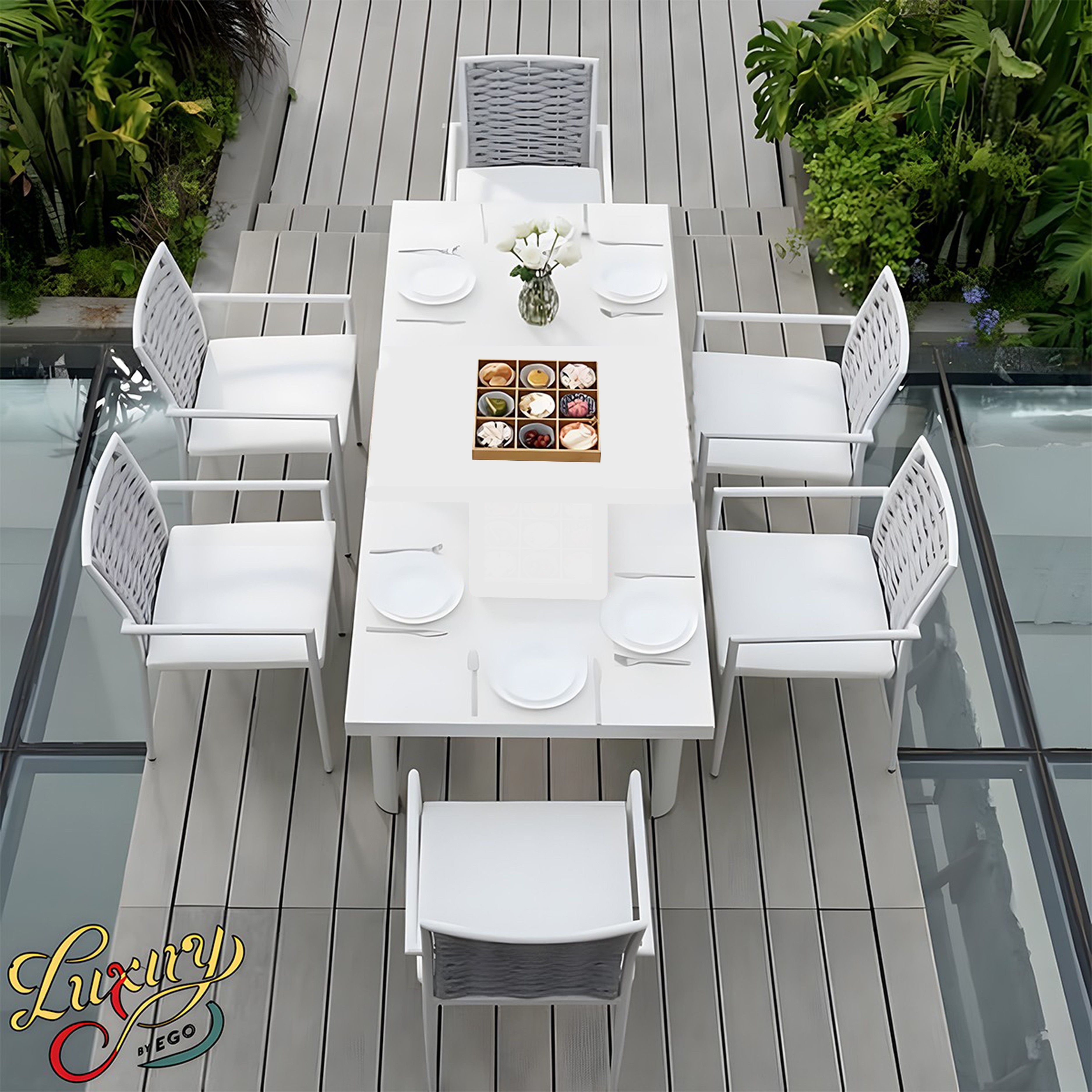 Set mobilier terasa sau gradina, masa din aluminiu si lemn, 6 scaune, impletitura tip funie, Torino