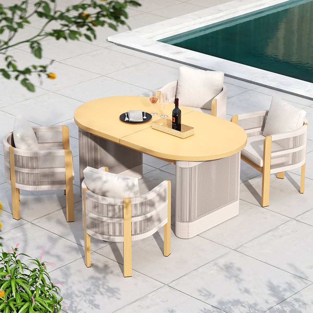 Set mobilier, 6 scaune, masa extensibila, terasa sau gradina, aluminiu si impletitura tip funie, perne incluse, Riviera