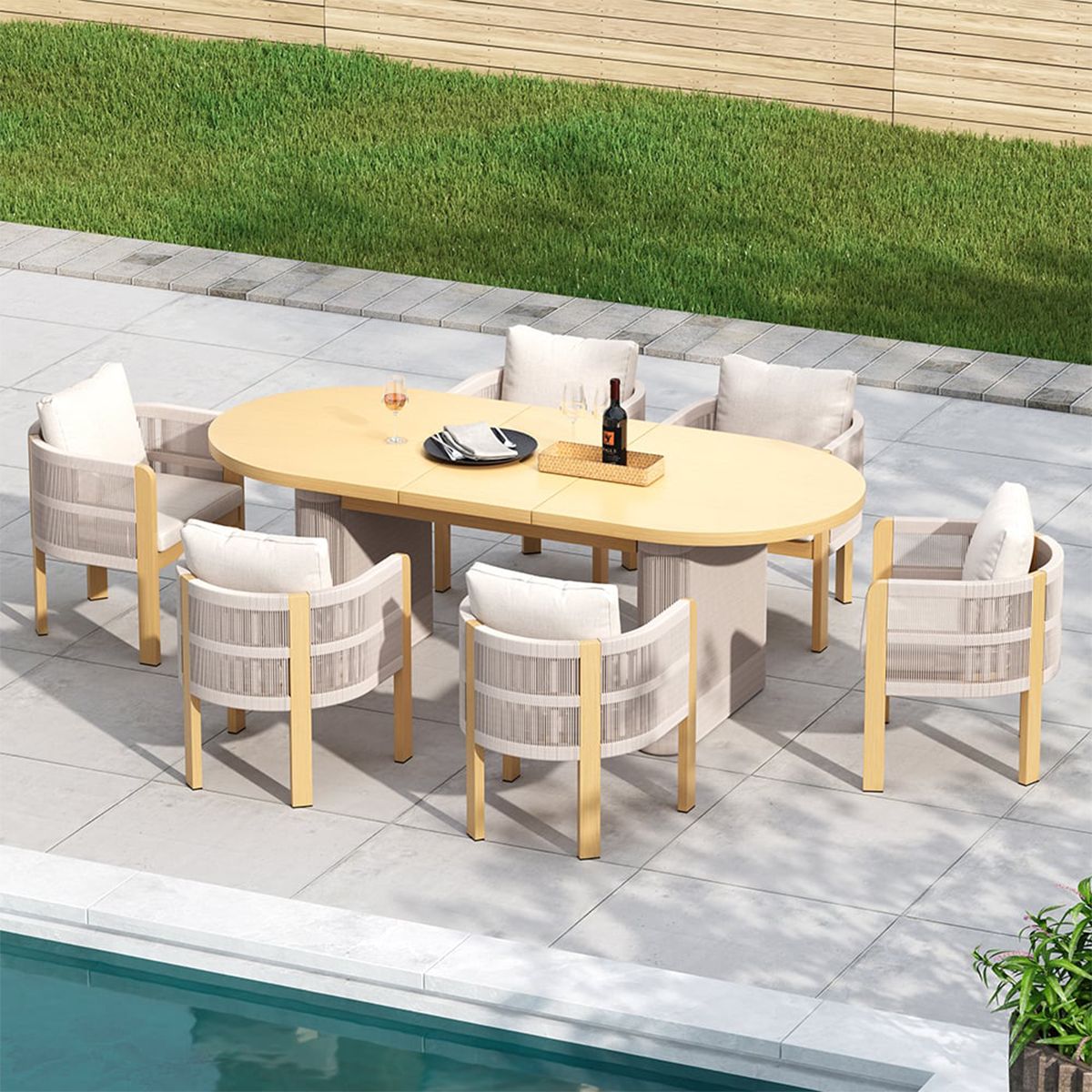 Set mobilier, 6 scaune, masa extensibila, terasa sau gradina, aluminiu si impletitura tip funie, perne incluse, Riviera