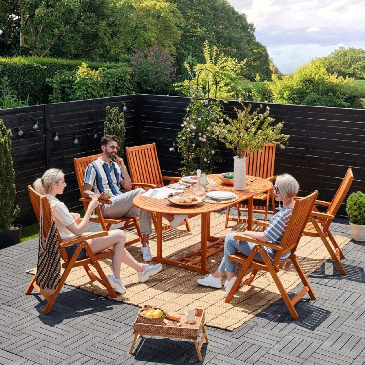 Set mobilier, 6 scaune pliabile, Eucalipt certificat FSC®, suport umbrela, Maro, 200x100x74, Houston