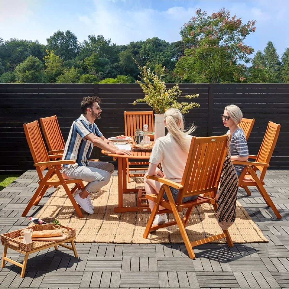 Set mobilier, 6 scaune pliabile, Eucalipt certificat FSC®, suport umbrela, Maro, 200x100x74, Houston