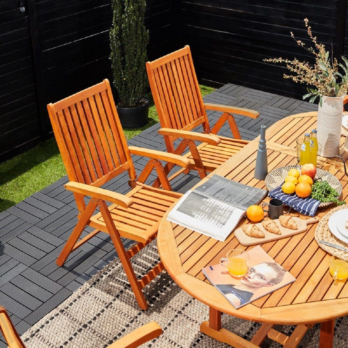Set mobilier, 6 scaune pliabile, Eucalipt certificat FSC®, suport umbrela, Maro, 200x100x74, Houston