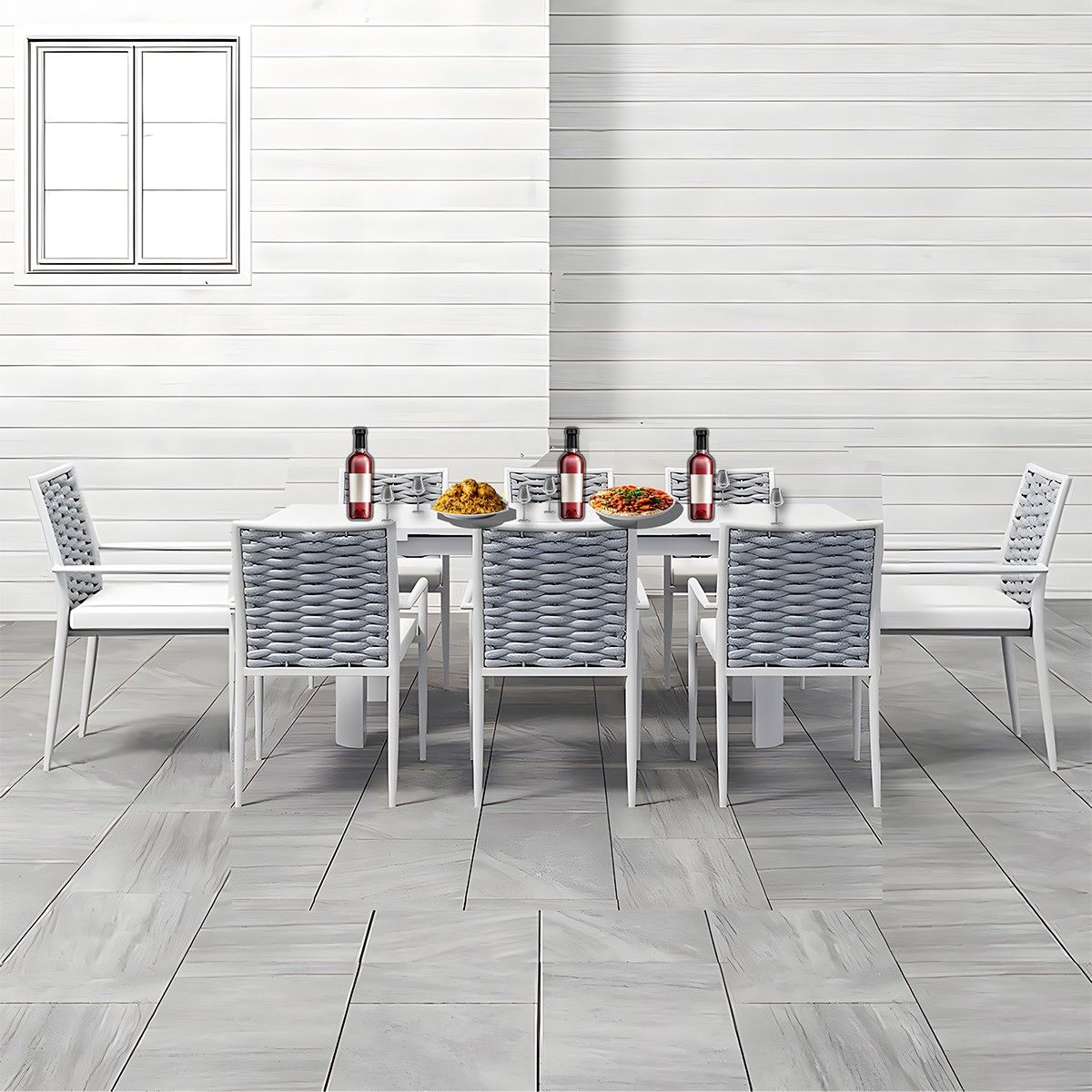 Set mobilier terasa gradina, masa din aluminiu si lemn, 8 scaune, impletitura tip funie, Torino