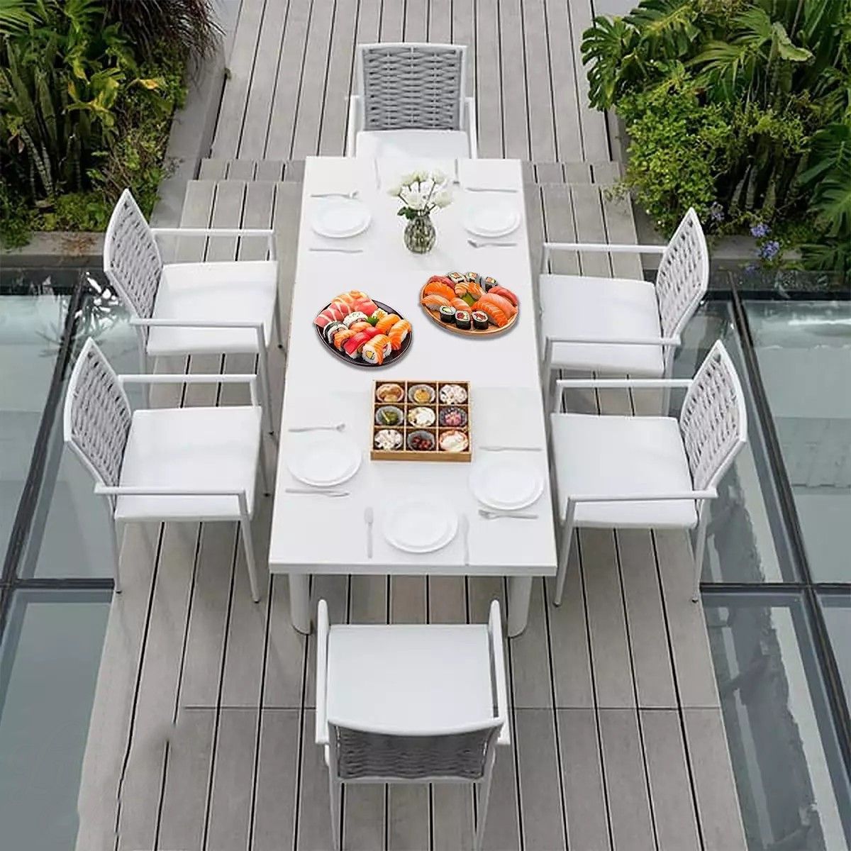 Set mobilier terasa gradina, masa din aluminiu si lemn, 8 scaune, impletitura tip funie, Torino