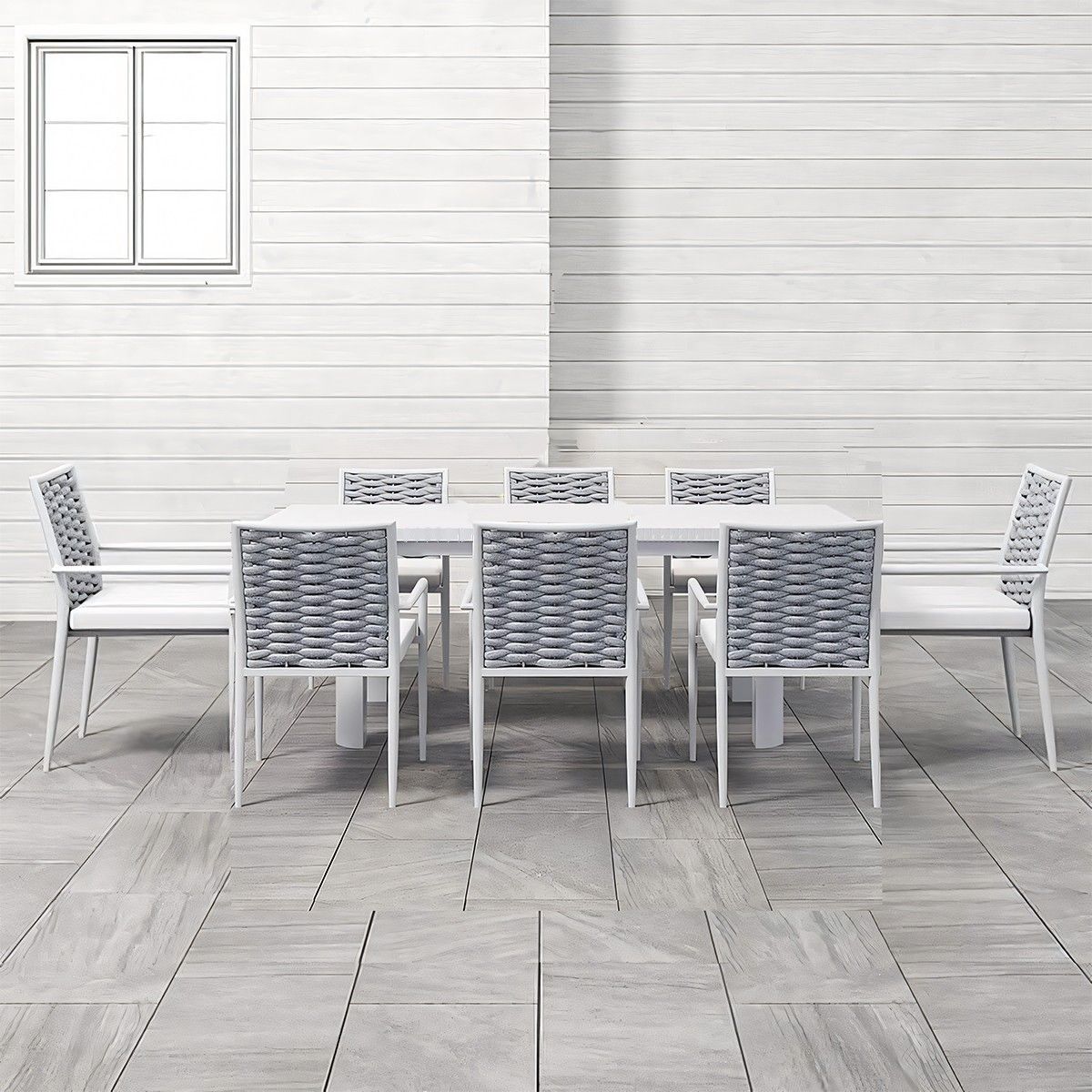 Set mobilier terasa gradina, masa din aluminiu si lemn, 8 scaune, impletitura tip funie, Torino