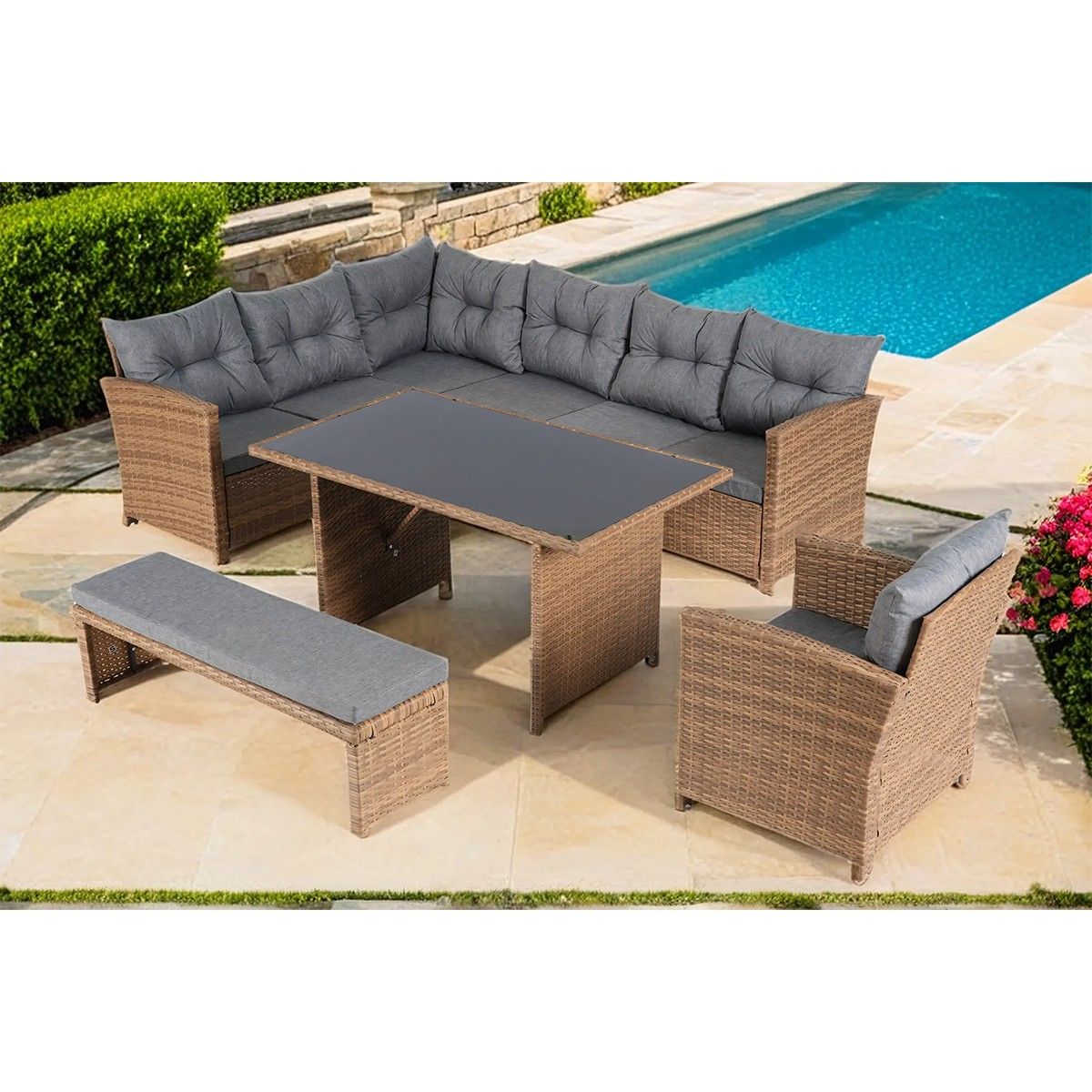 Set mobilier, terasa sau gradina, canapea, fotoliu, banca + masa cu blat de sticla, perne incluse, poliratan, Bali